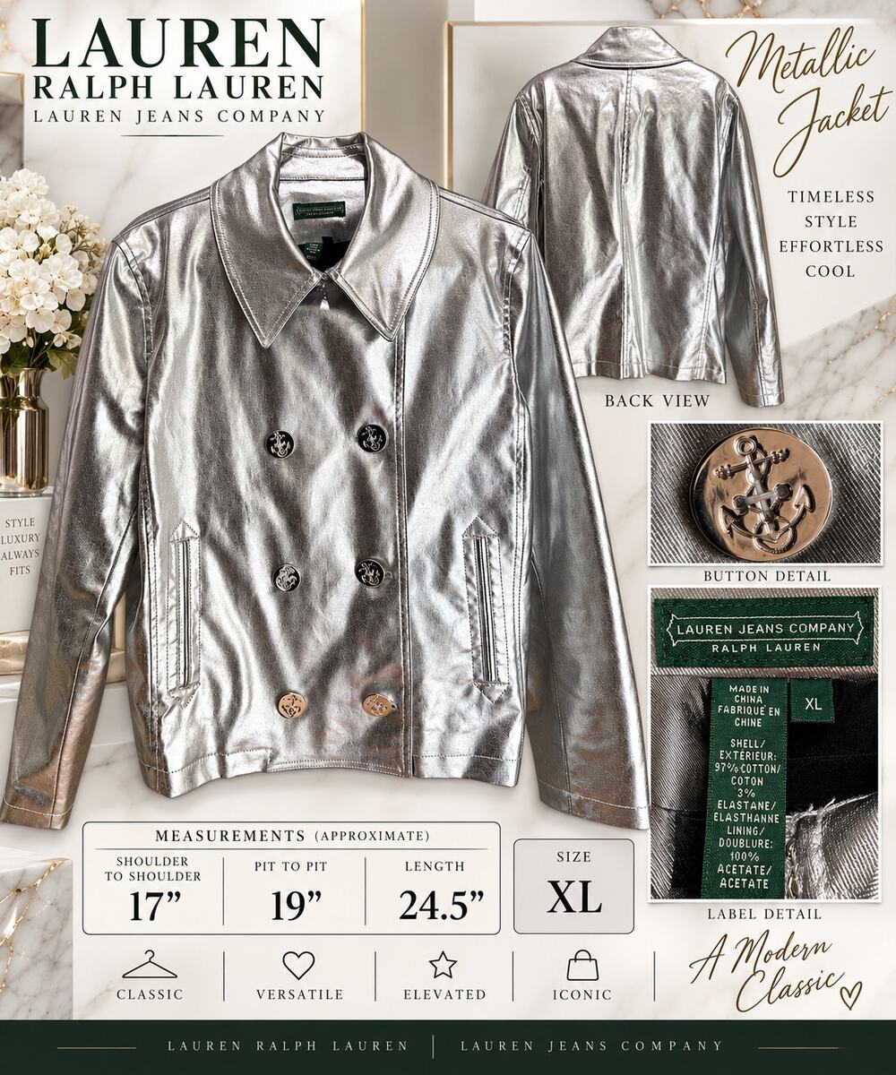 Lauren Jeans Company Ralph Lauren Silver Metallic Double-Breasted Pea Jacket